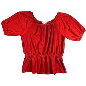 Nine West Red Puff Sleeve Peplum Top Size L Soft Stretch Square Neck Cottagecore